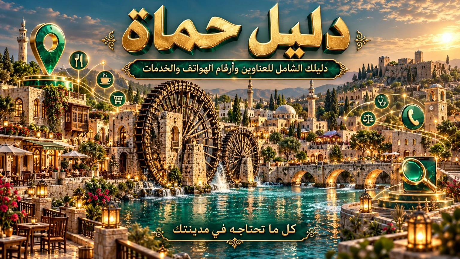 دليل حماة الشامل للعناوين وأرقام الهواتف والخدمات — نواعير حماة ونهر العاصي